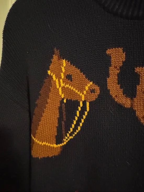 Charter Club Navy Crewneck Sweater with Horse Motif and Multicolor Fair Isle - Picture 5 of 7